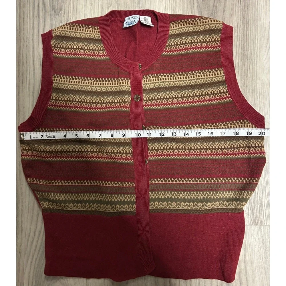 Russ State of Blue Women XL Red Brown Fair Isle Knit‎ Vest Sweater Vintage red